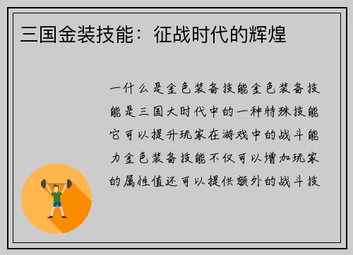 三国金装技能：征战时代的辉煌